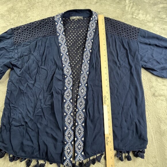 Miss Me Cardigan Women Small Blue White Embroidered Desert Dreamer Tassel Kimono - Picture 7 of 9